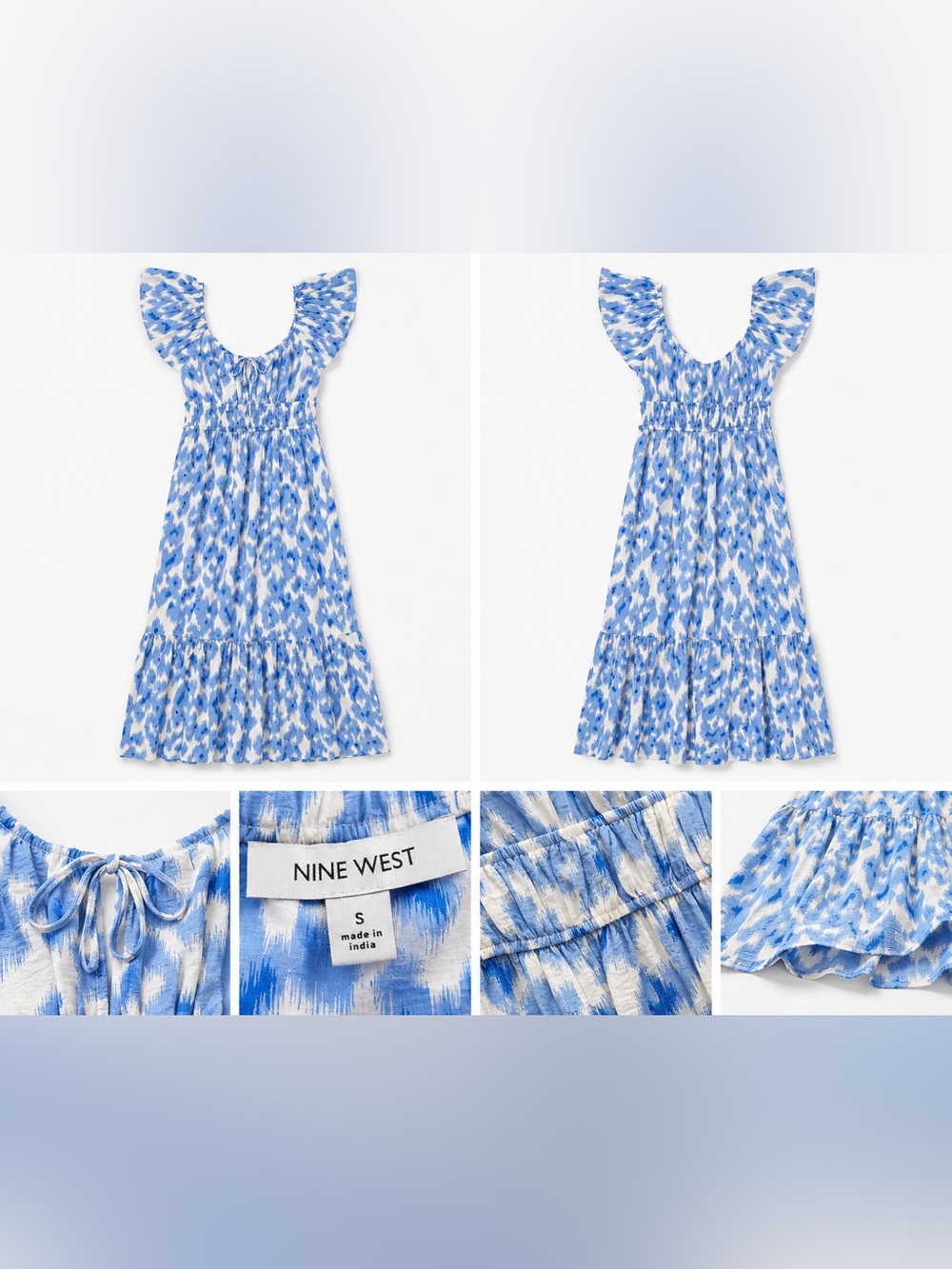 Nine West Blue and White Smocked Flutter-Sleeve Tiered Dress